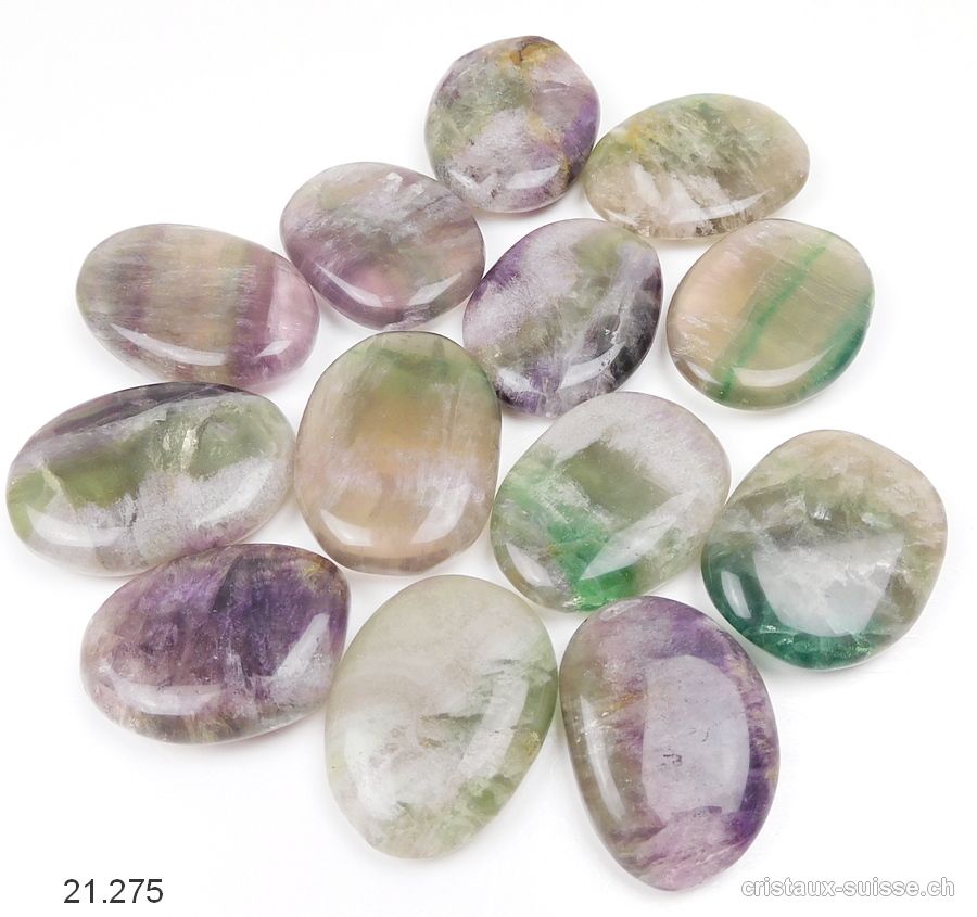 Fluorite arc-en-ciel plate env. 4- 4,5 cm. Taille L-XL. Offre Spéciale