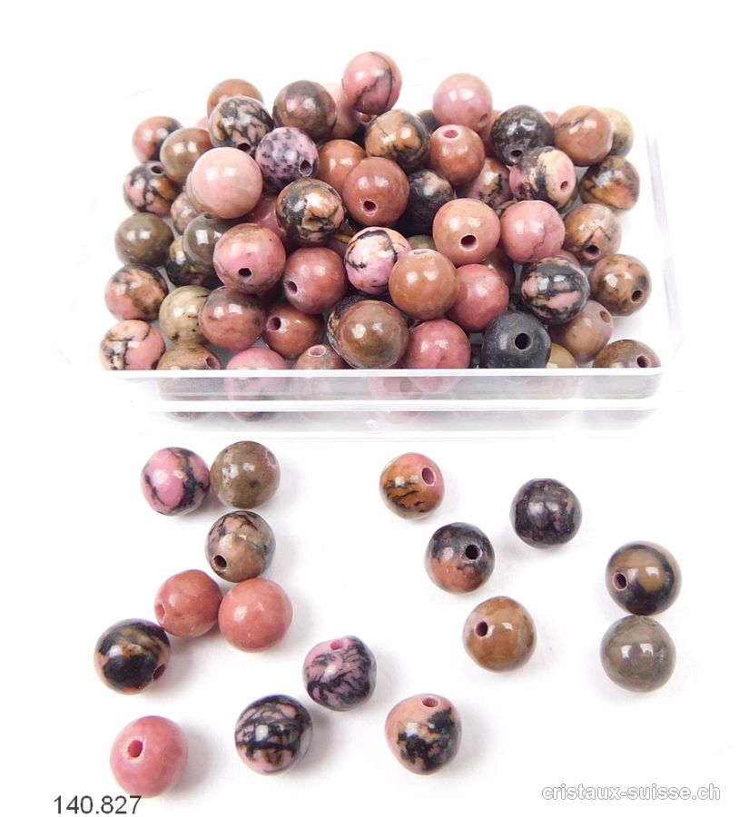 Rhodonite rose-beige-noir-brun, boule percée 6 - 6,5 mm