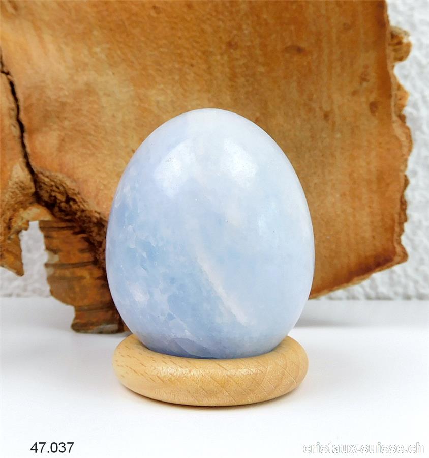 Oeuf Calcite bleue 4,5 x 3,5 cm avec support en bois. Pièce unique