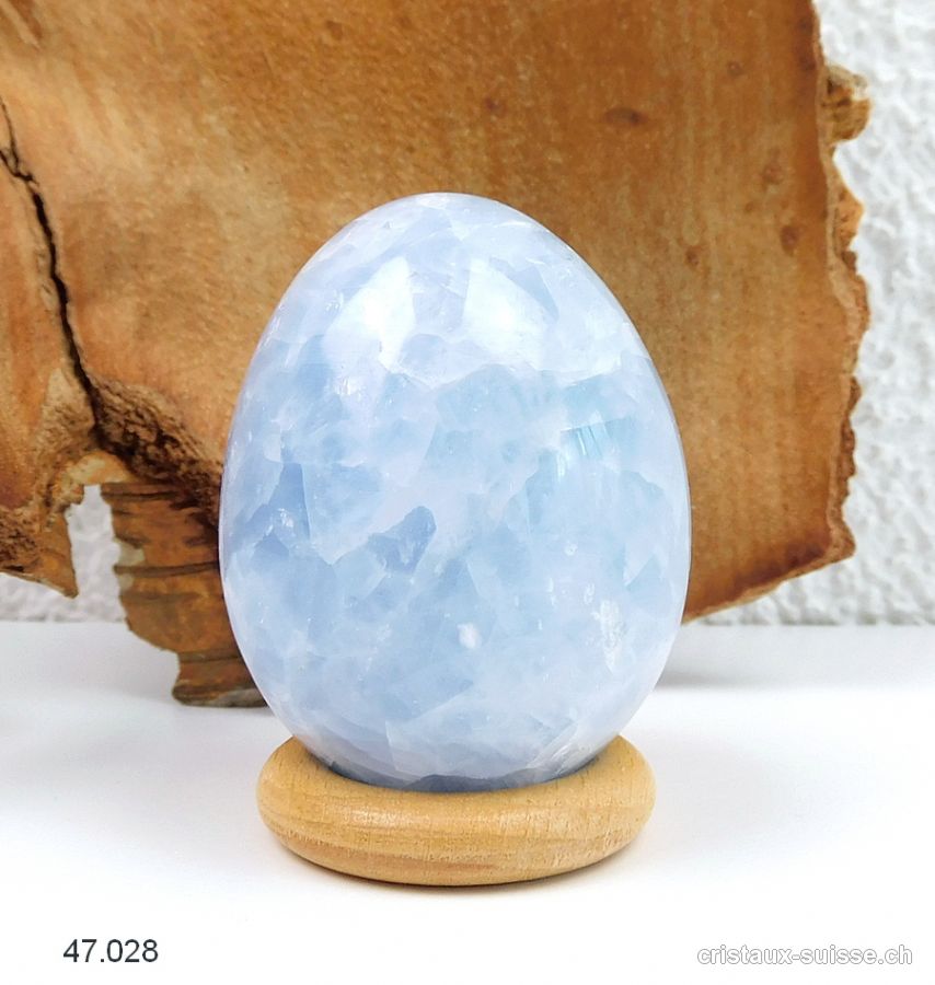 Oeuf Calcite bleue 5 x 3,8 cm avec support en bois. Pièce unique