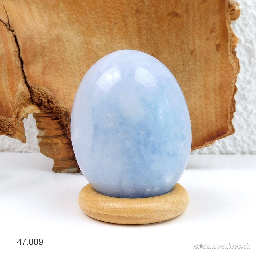 Oeuf Calcite bleue 4,5 x 3,5 cm avec support en bois. Pièce unique