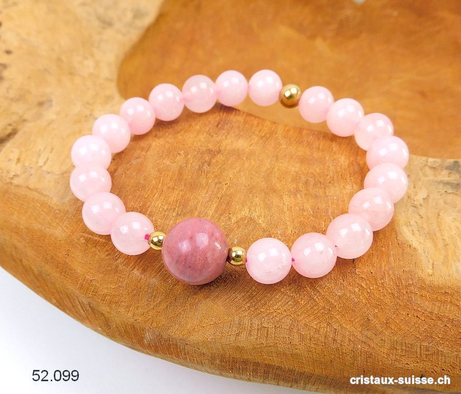 Bracelet Quartz rose - Rhodonite 8 mm / 18 cm. Taille M