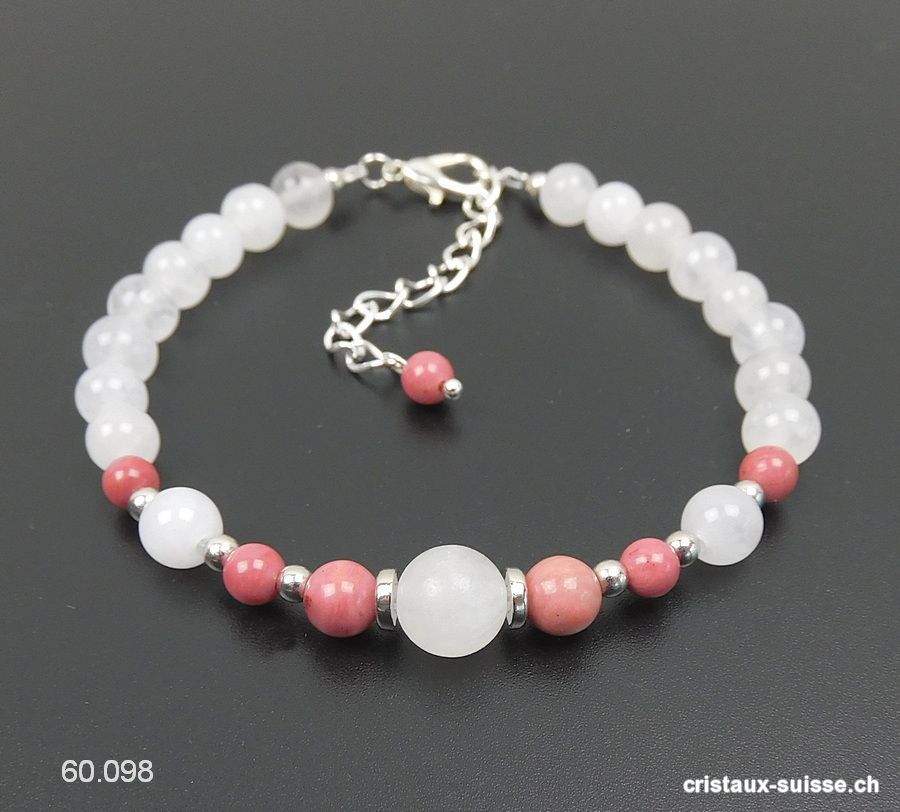Bracelet Rhodonite - Jade blanc, réglable 19 - 23,5 cm