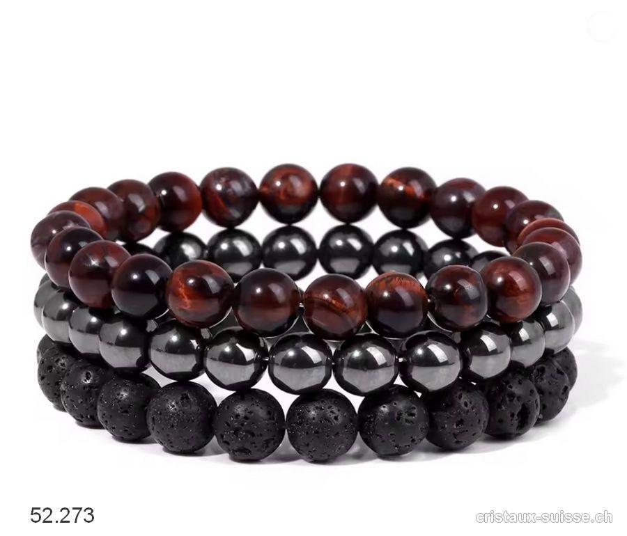 3 bracelets ANCRAGE et FORCE - Oeil de Tigre Rouge, Hématite, Lave