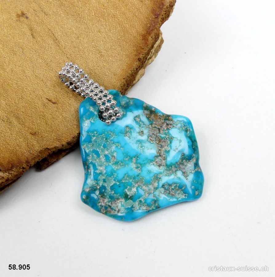 Pendentif Turquoise et boucle argent 925 Rhodié. Pièce unique