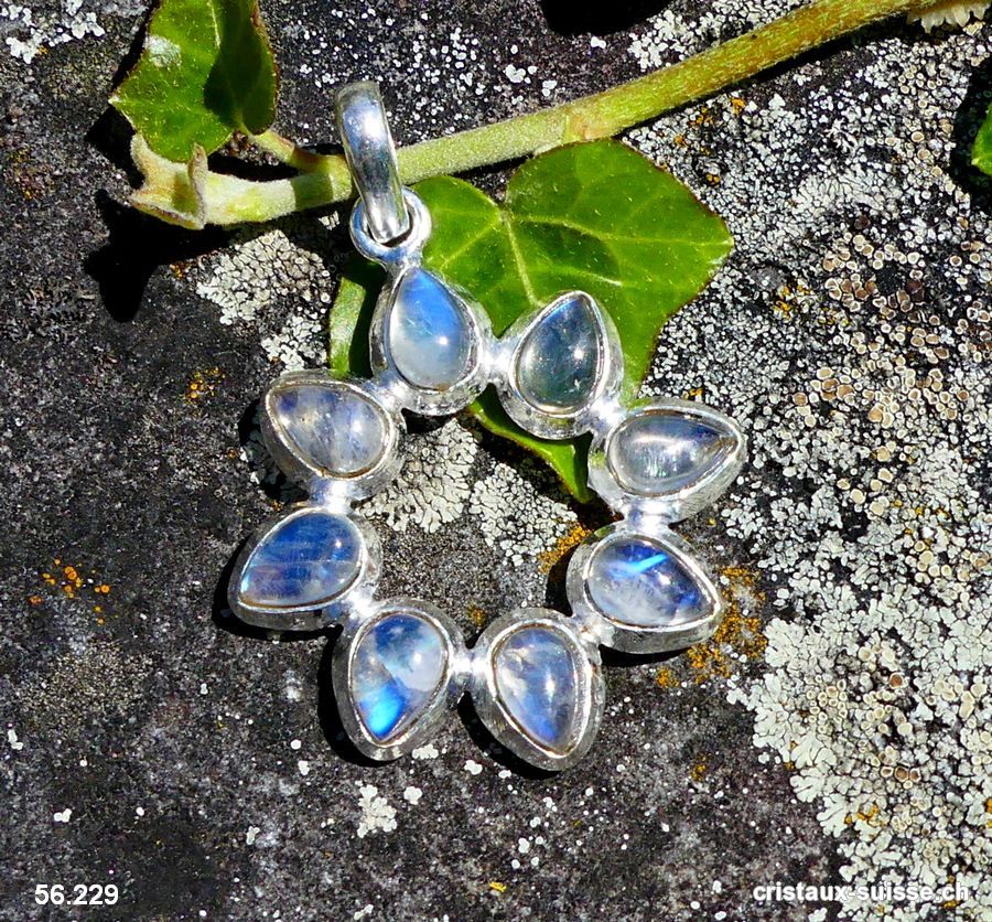 Pendentif Pierre de Lune arc-en-ciel Soleil en argent 925