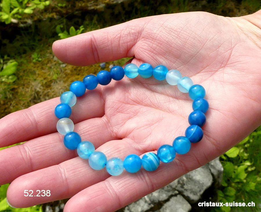 Bracelet Agate bleue 8 mm, élastique 18 cm
