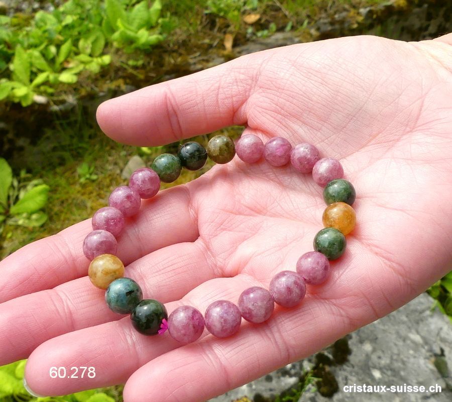 Bracelet Tourmaline multicolore 8,5 mm / 18 cm. Taille M