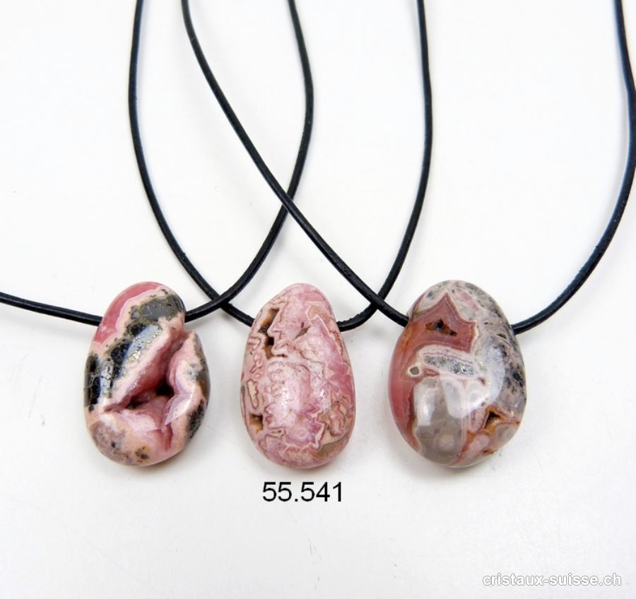 Rhodochrosite avec cavités 2,5 à 3 cm, percée avec cordon cuir à nouer. Offre Spéciale