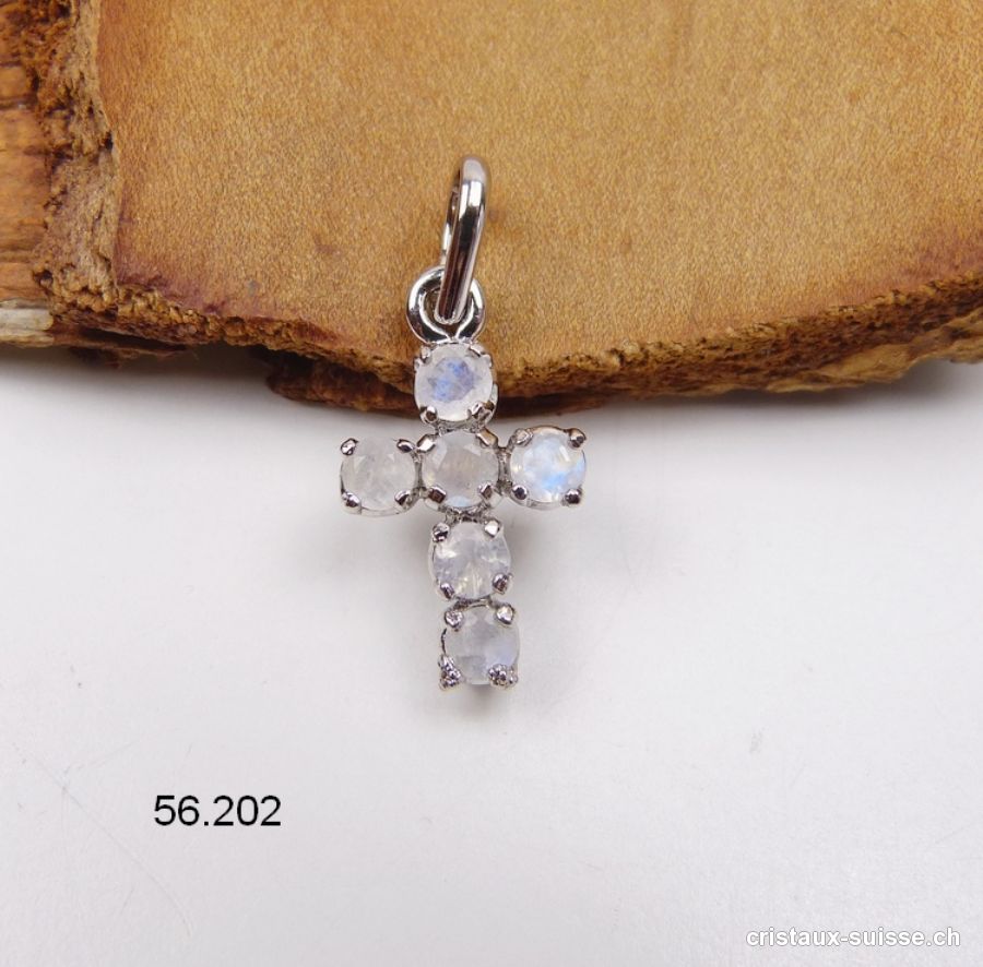 Pendentif petite CROIX Pierre de Lune arc-en-ciel en argent 925