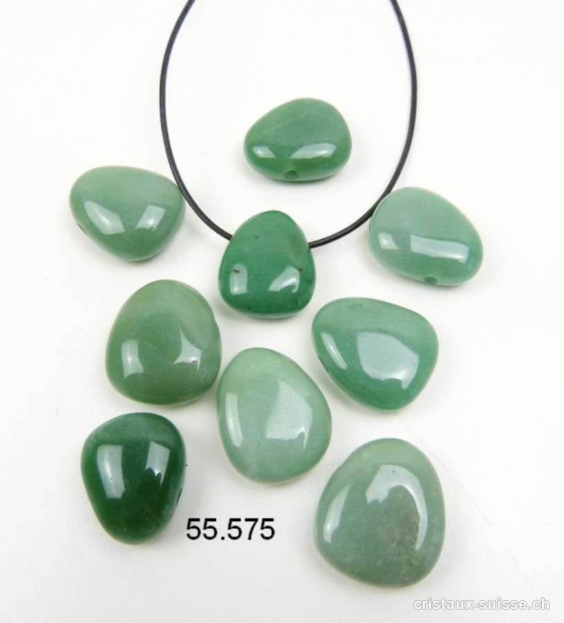 Aventurine verte 2,7 - 3 cm percée avec cordon cuir noir à nouer