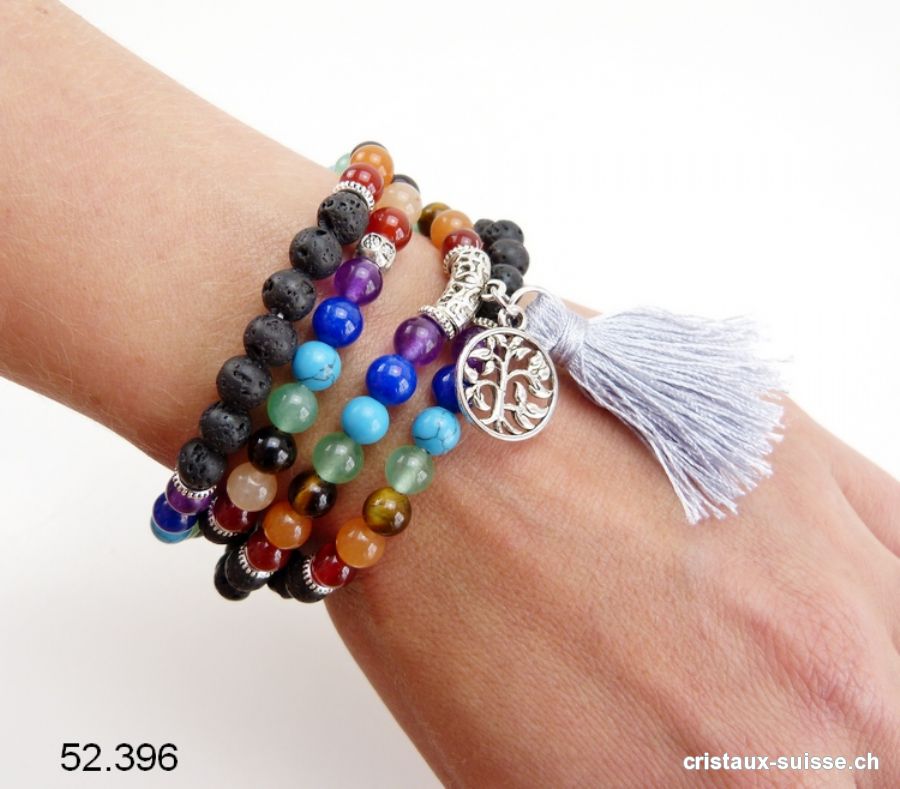 Bracelet  7 Chakras et Lave, Mala élastique. Avec Pompon et Arbre de Vie