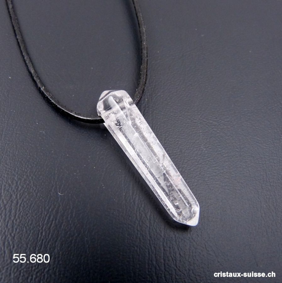 Cristal de roche percé, taille biterminée 3,5 cm avec cordon en cuir à nouer. OFFRE SPECIALE