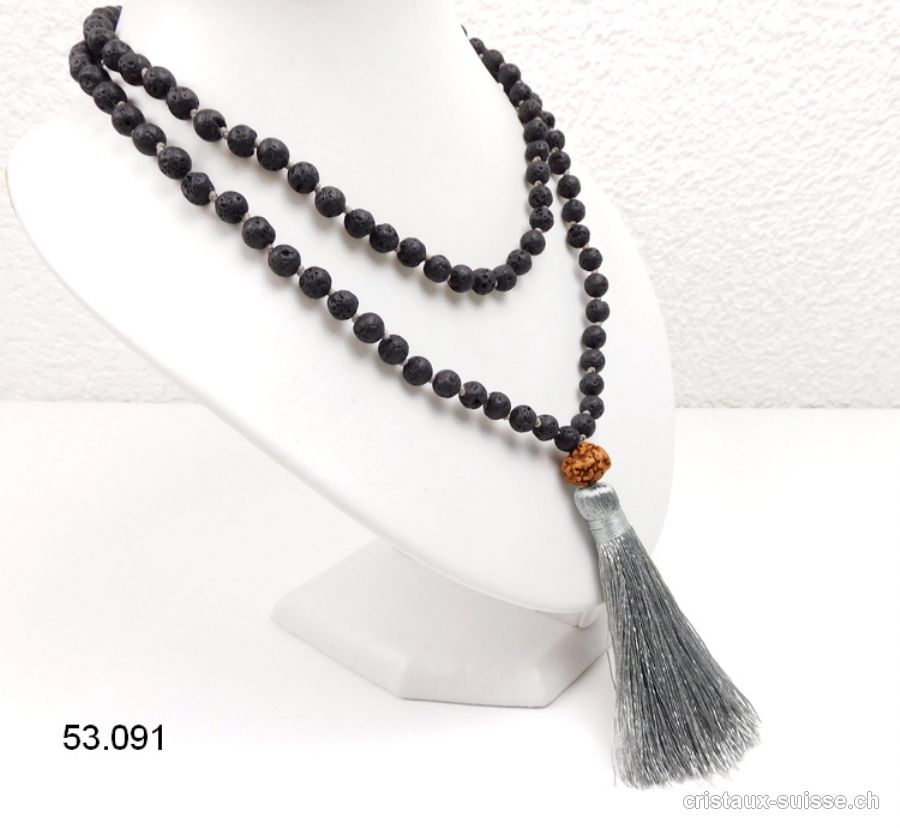 Collier Lave - Mala noué 108 perles / 80 cm, avec Rudraksha et Pompon argenté