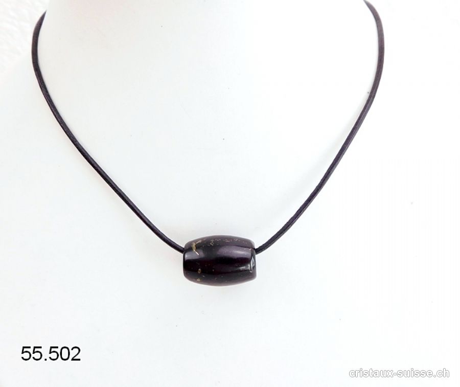 Schungite cylindre percé avec collier en cuir 45 cm, fermoir en argent.