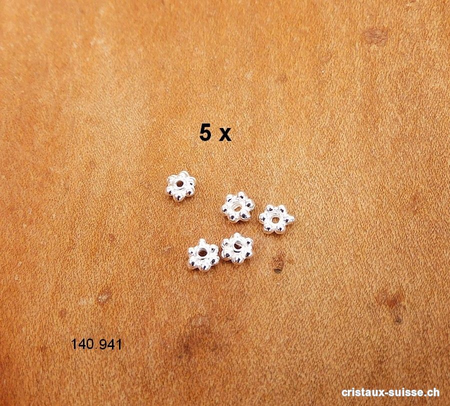 Lot 5 mini Fleurs percées 4 mm, Intercalaire en argent 925. Offre Spéciale