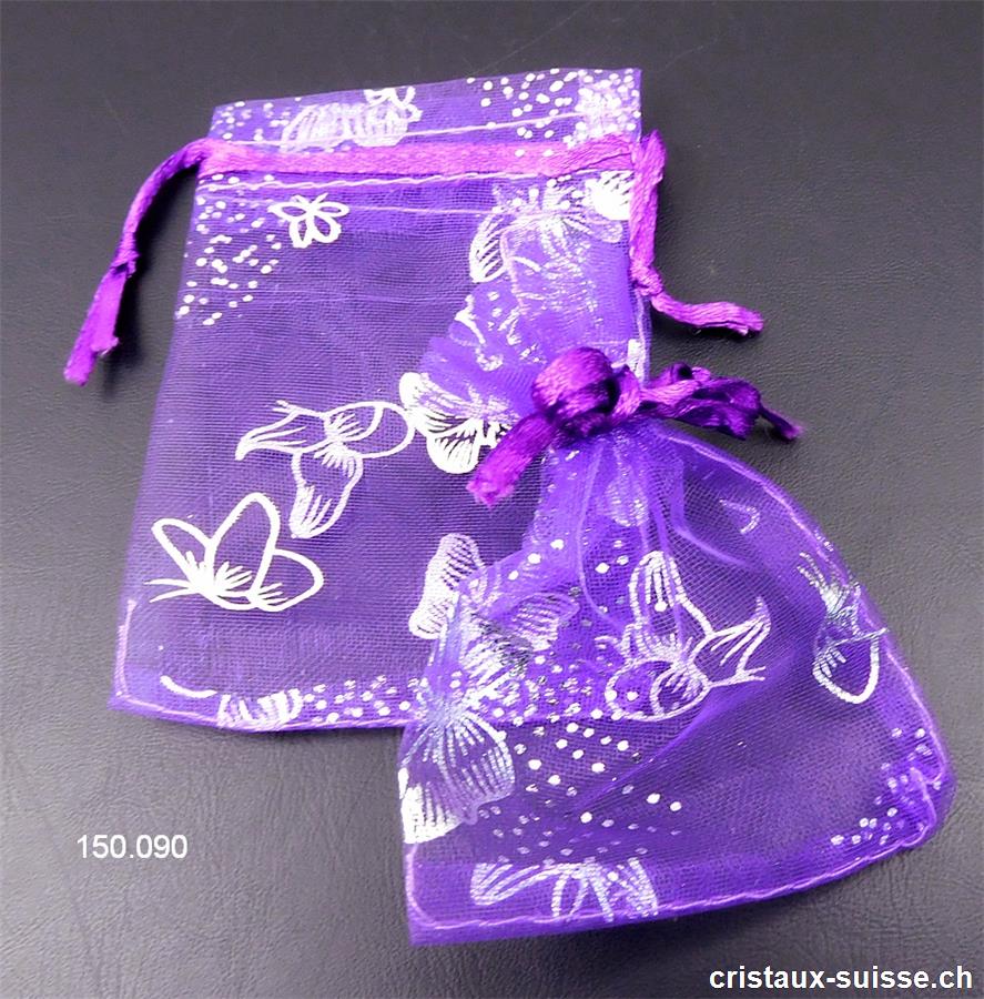 Sachet en organza violet et papillons argent, env. 6,5 - 7 x 8,5 cm
