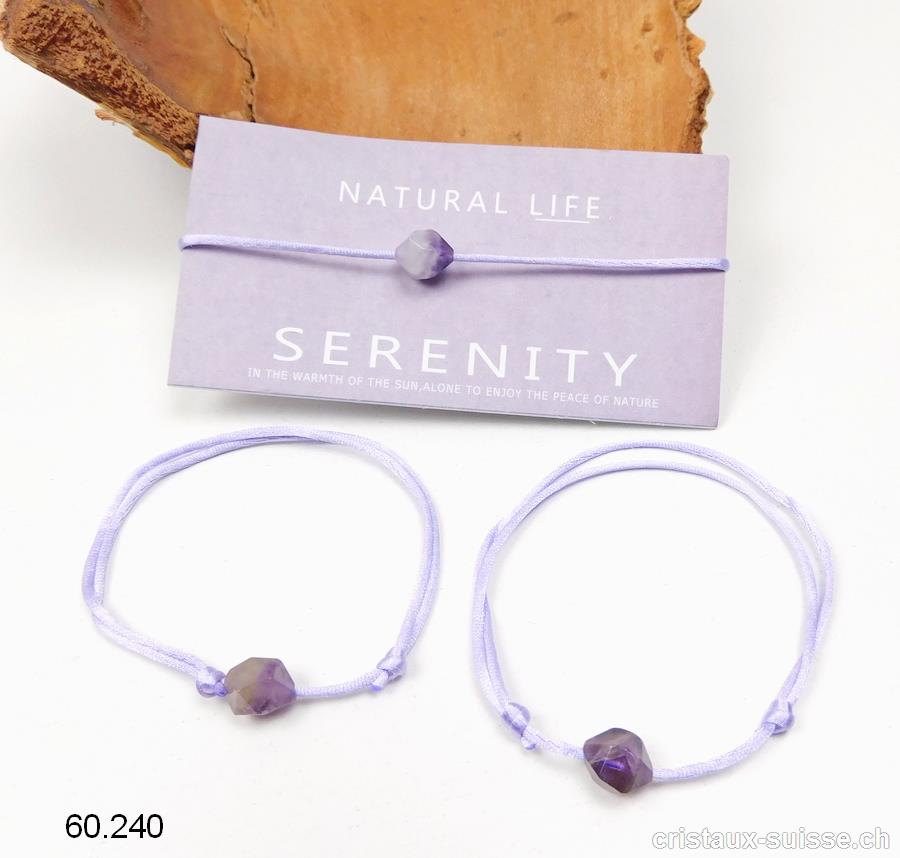 Bracelet Améthyste-Quartz - SERENITY - avec cordon satin réglable violet clair. OFFRE SPECIALE