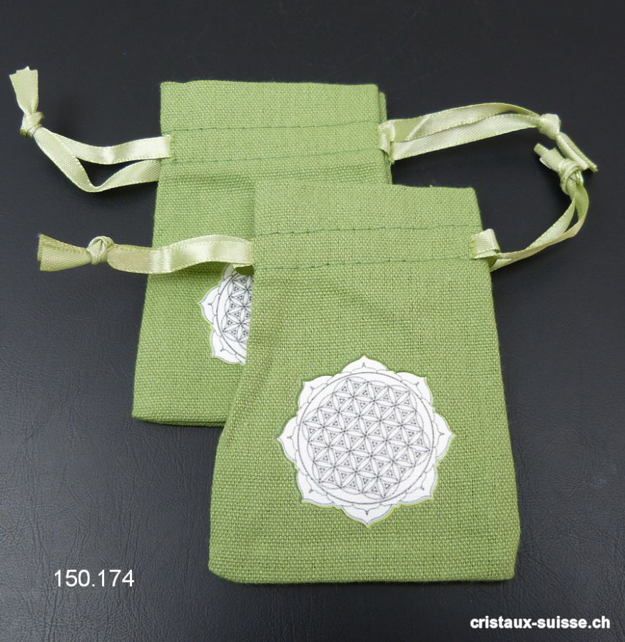 Pochette coton vert Mandala - Fleur de Vie, env. 10 x 6,5 cm