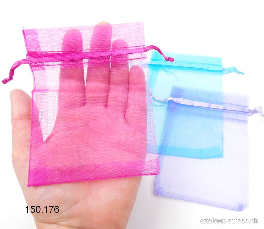 Lot 3 Sachets organza bleu-fuchsia-violet 12 x 8,5 cm. OFFRE SPECIALE