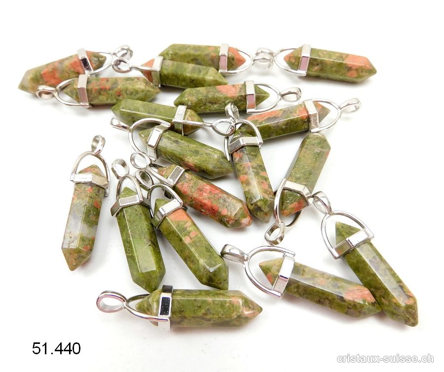 Pendentif Unakite - épidote taille biterminée, avec métal 4 cm