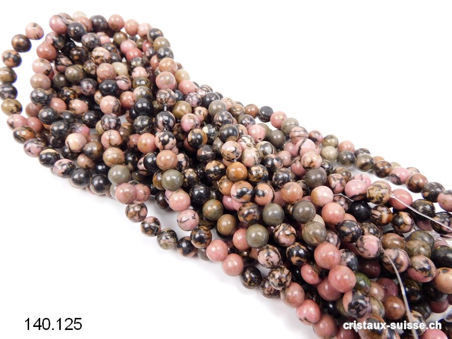 Rang Rhodonite rose - beige - noire 6 - 6,5 mm / 38 cm, env. 60 boules. Offre Spéciale