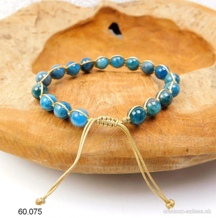 Bracelet Apatite bleue 8 mm et cordon satin doré réglable