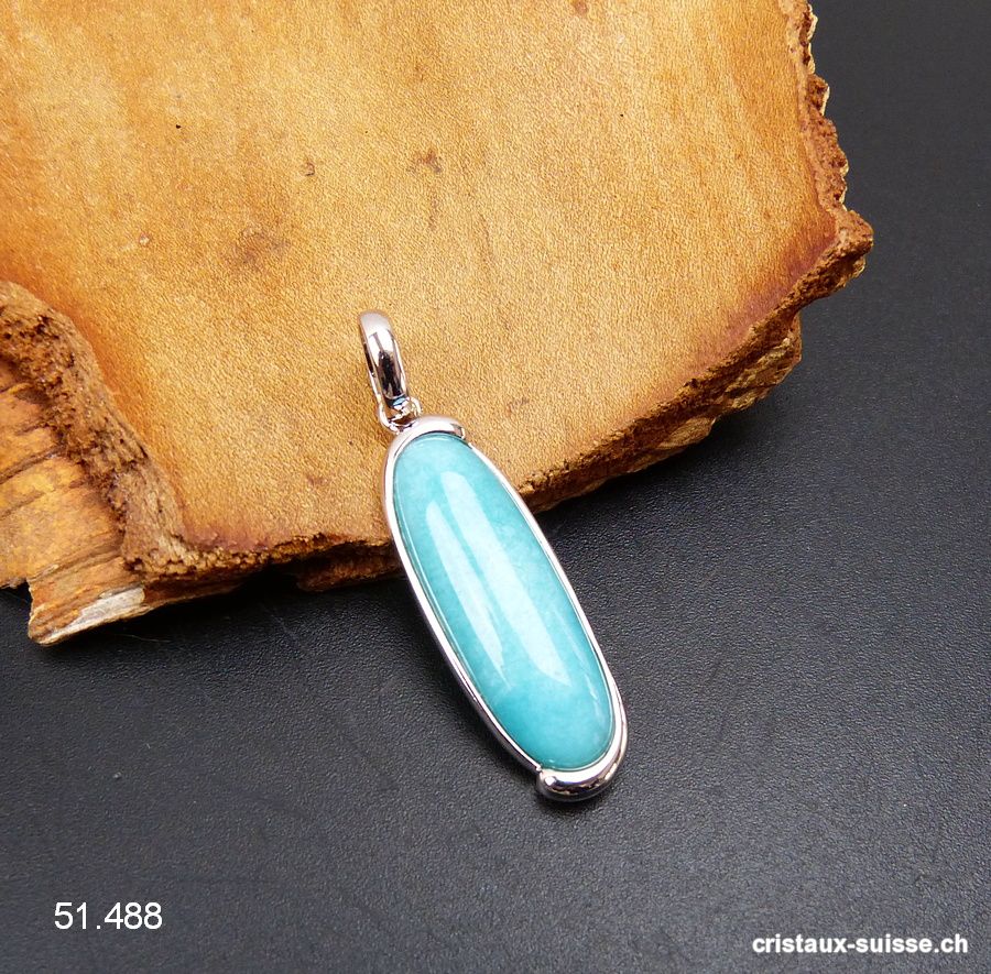 Pendentif Amazonite 3,5 x 1,2 cm, en argent 925 rhodié. Qual. A