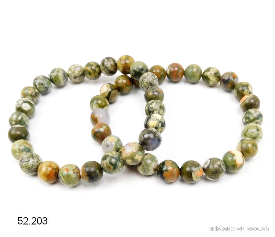 Bracelet Rhyolite verte amazonienne opalisée 8,5 mm / 18,5 - 19 cm. Taille ML