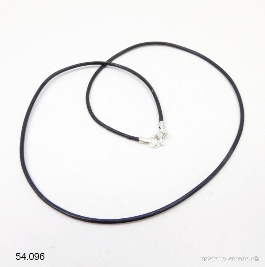 Collier cuir noir / fermoir argent 925. L. 38 cm 