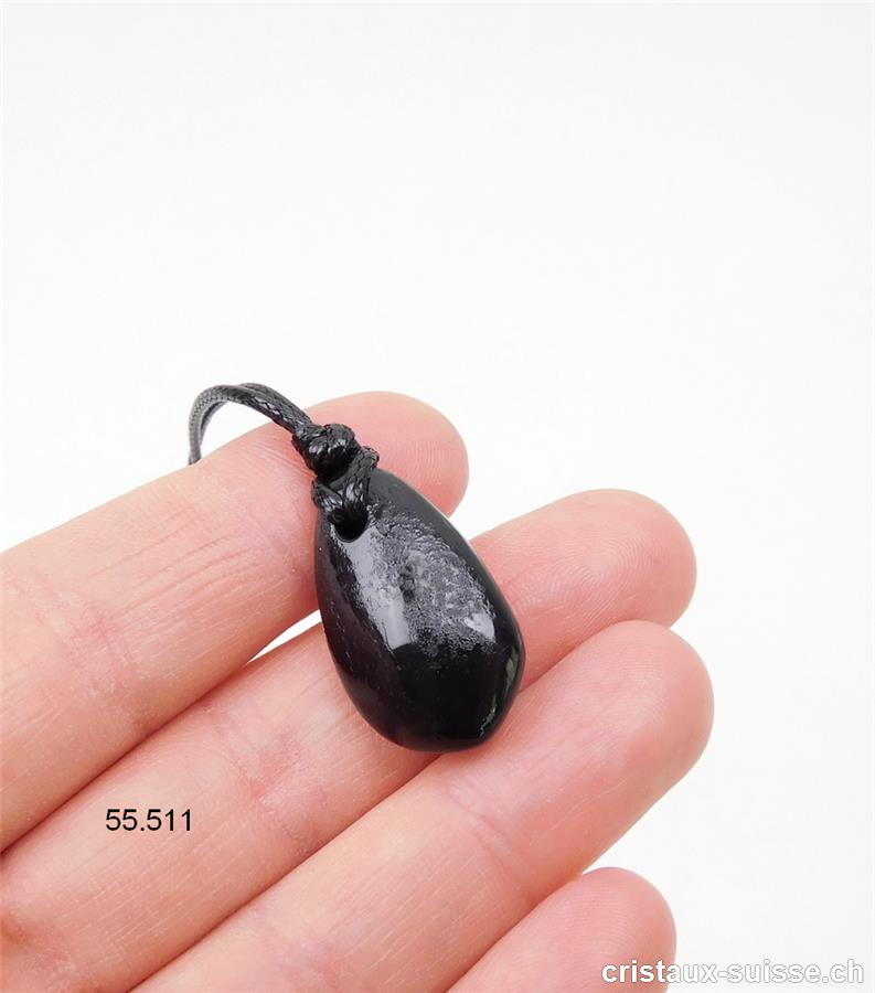 Tourmaline noire, goutte percée 2,5 x 1,5 cm, avec cordon leder-look. OFFRE SPECIALE