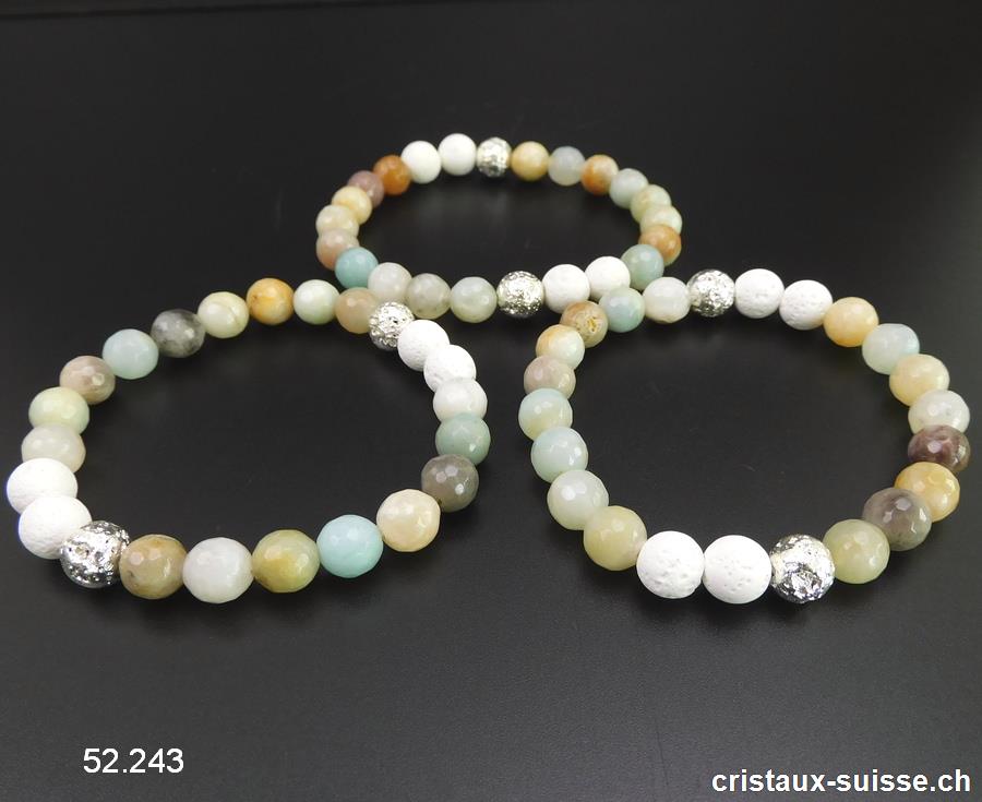 Bracelet Amazonite multicolore facettée et Lave blanche 8 mm, élastique 19 cm. OFFRE SPECIALE
