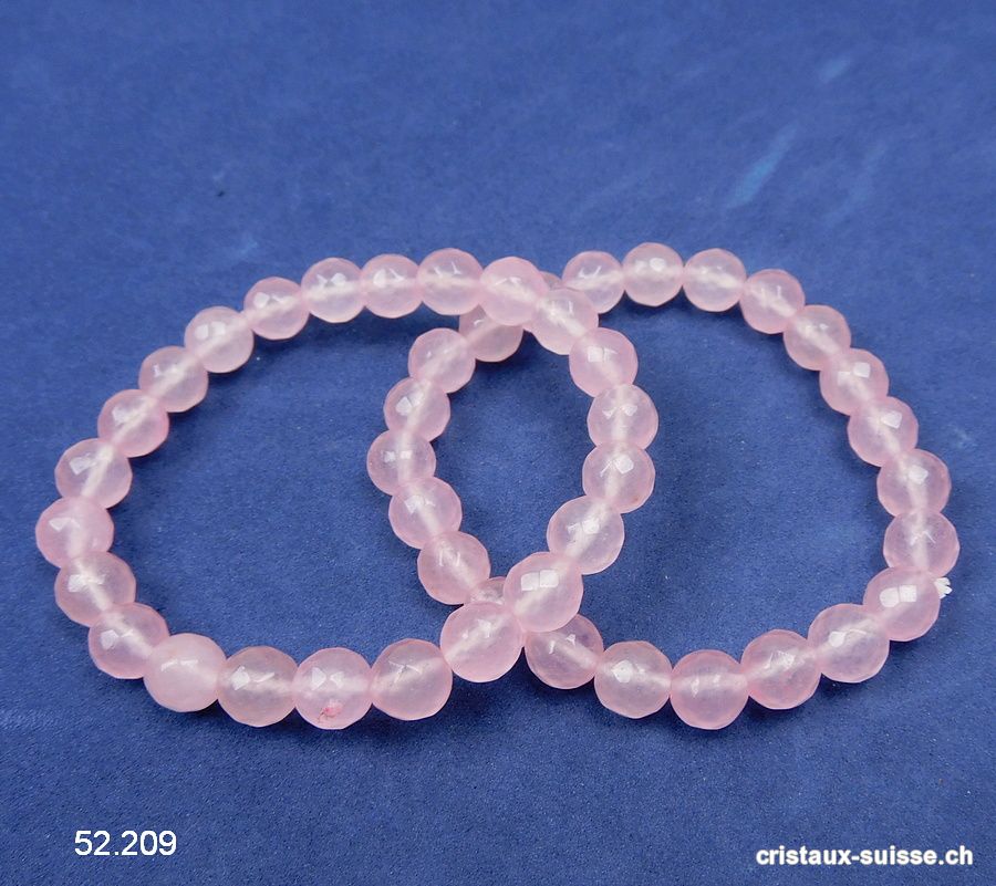 Bracelet Quartz rose FACETTÉ 8 mm, élastique 18 cm. Taille M