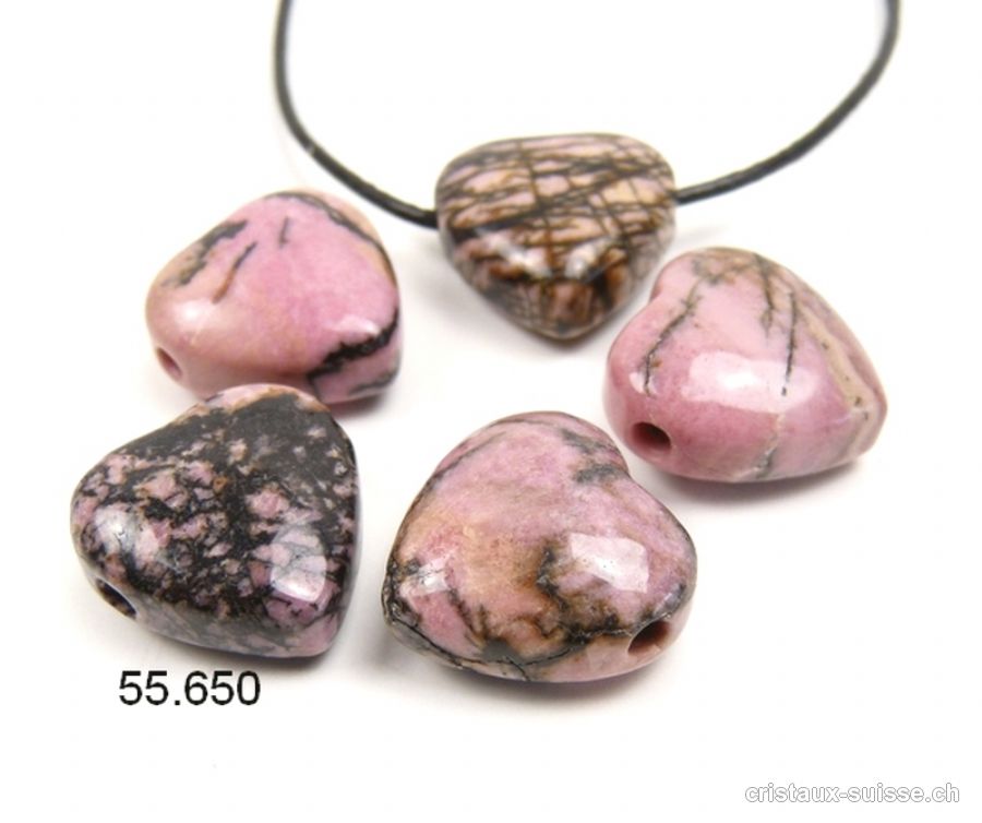 Rhodonite coeur percé 2 cm, avec cordon en cuir à nouer