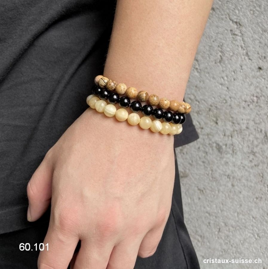 3 Bracelets Calcite jaune - Onyx noir - Jaspe Paysage 8 mm / 21 cm