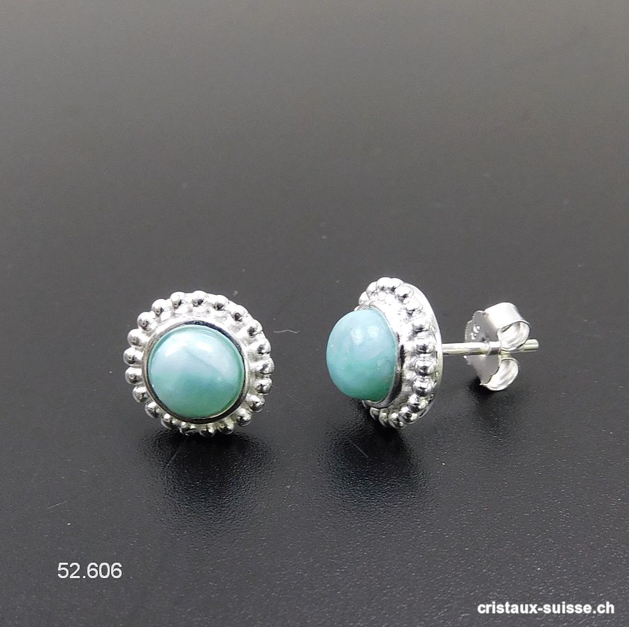 Clous d'oreilles Larimar cabochons 10 mm en argent 925