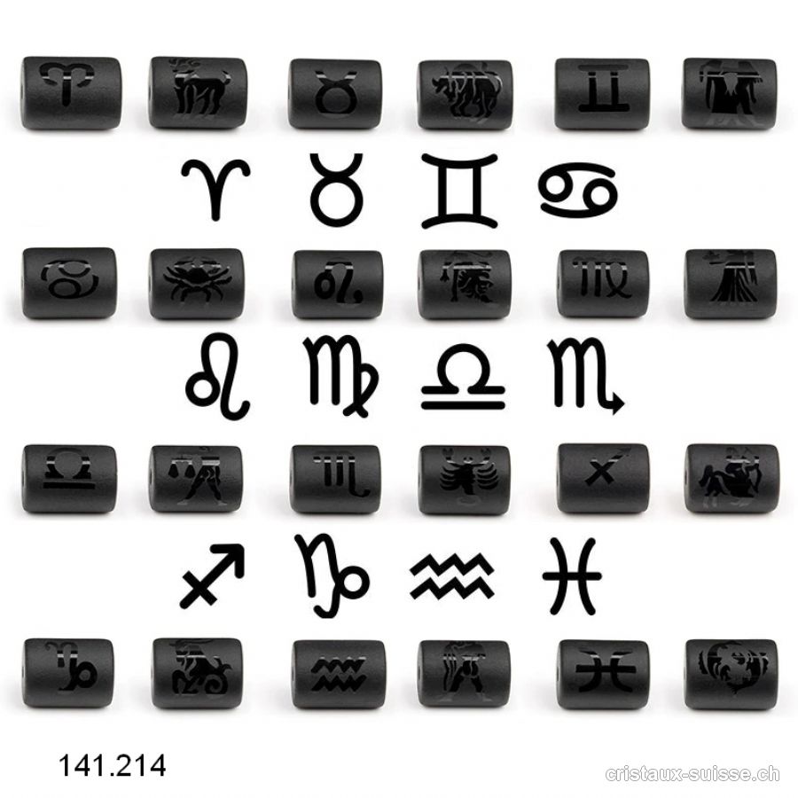 12 x Obsidienne noire Tubes 14 x 10 mm percés, 12 signes astrologiques