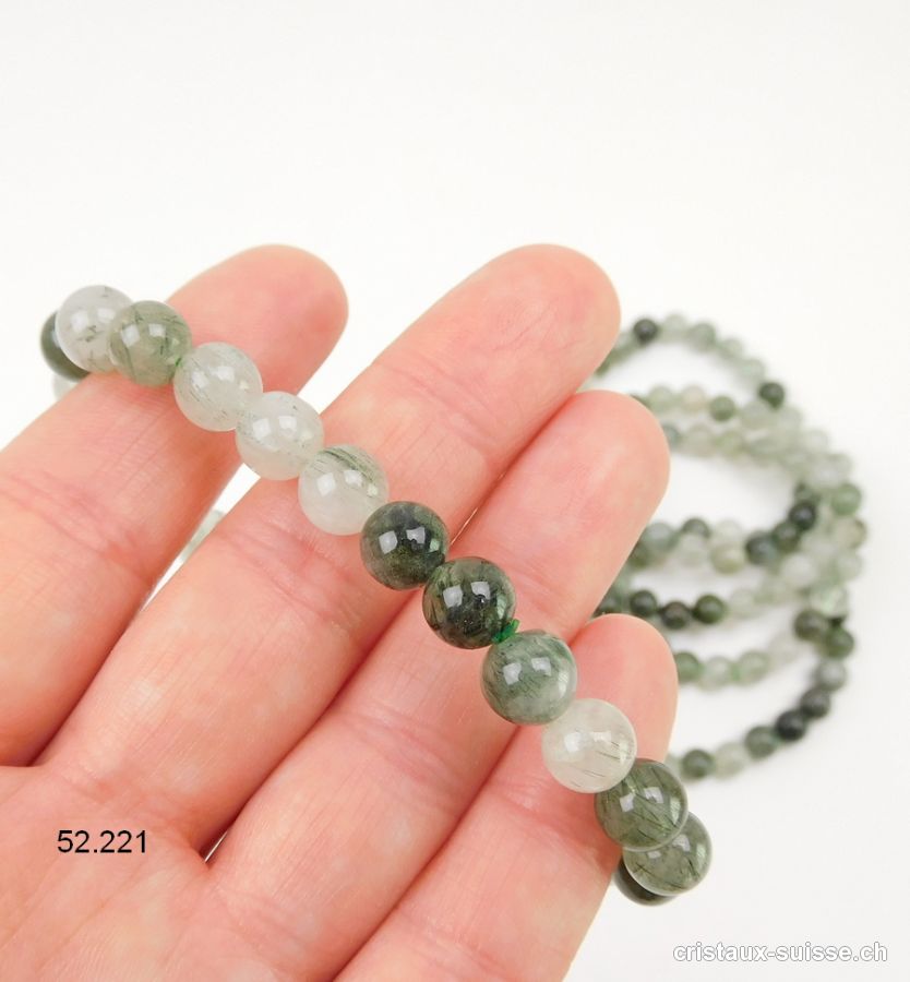 Bracelet Quartz - Actinolite 8 mm, élastique 19 cm