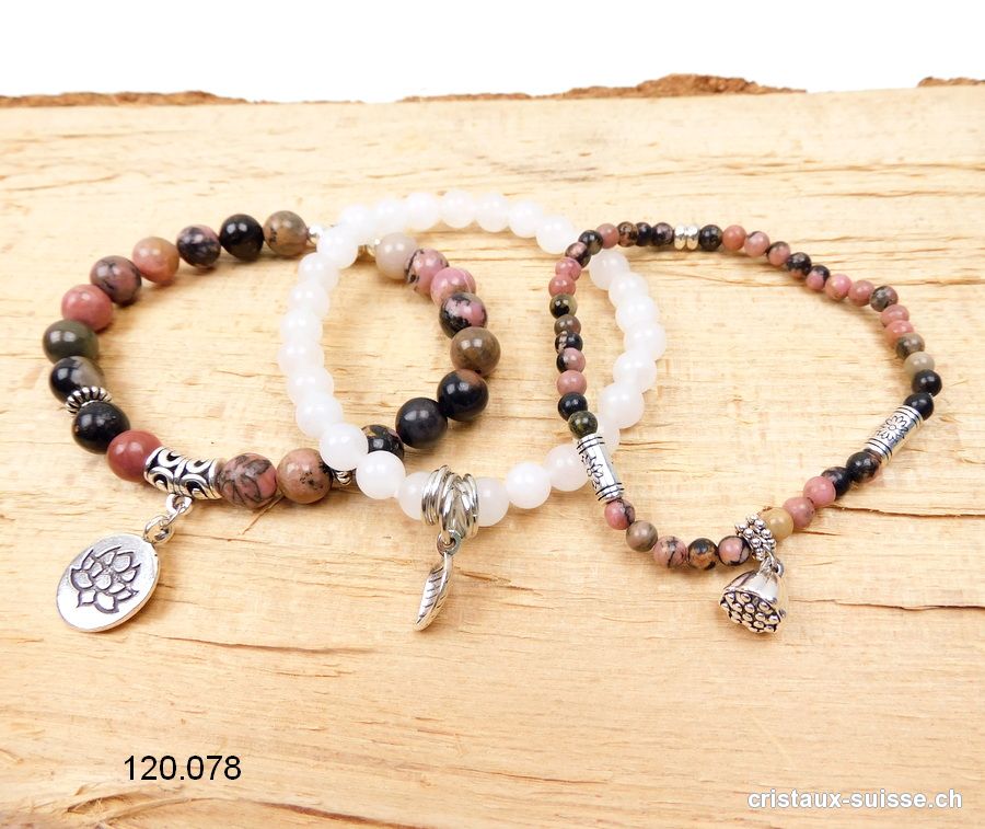 3 bracelets APAISEMENT, Rhodonite et Jade blanc. Offre Spéciale