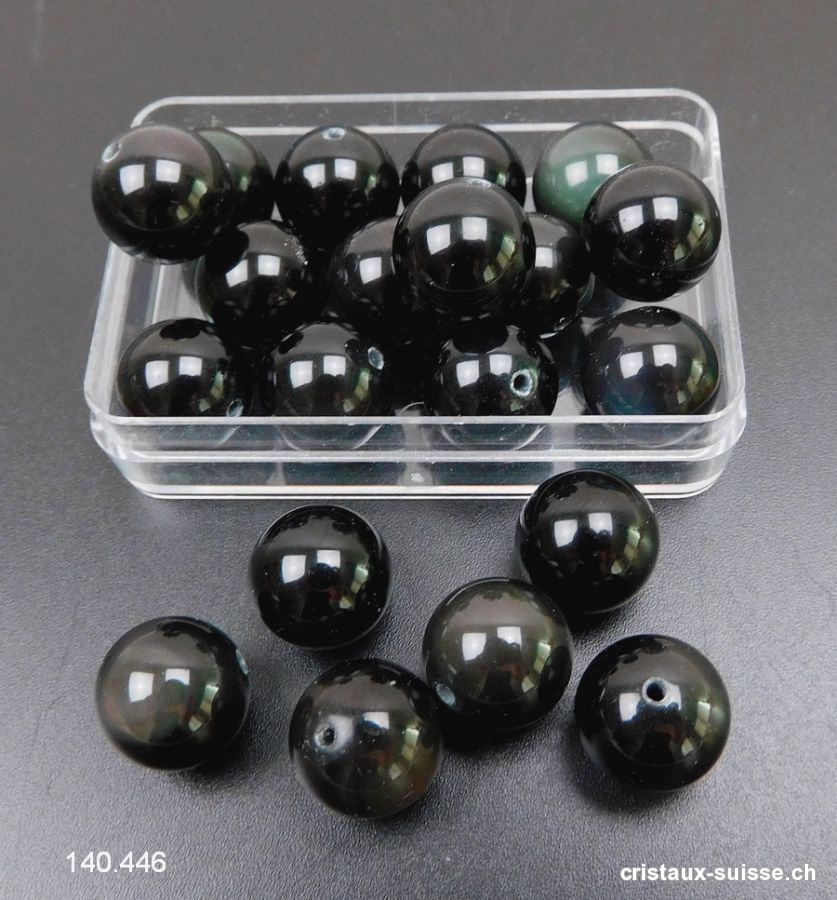 Obsidienne noire - arc-en-ciel, boule percée 12 mm