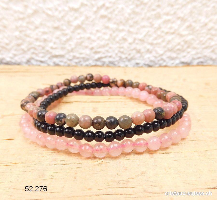 3 bracelets EQUILIBRE EMOTIONNEL, Onyx noir, Rhodonite et Quartz rose. Offre Spéciale