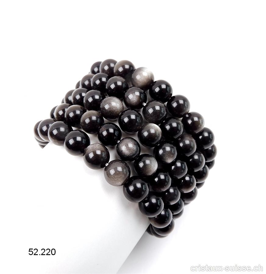 Bracelet Obsidienne argentée 8 mm, élastique 18,5 - 18 cm. Taille M