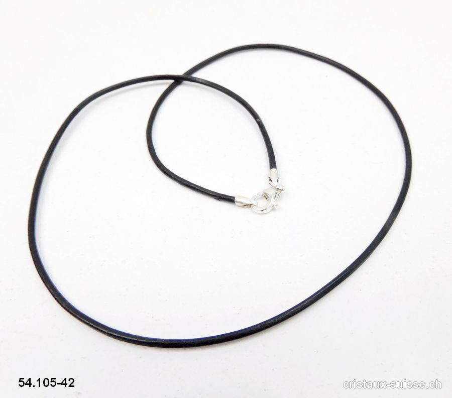 Collier cuir noir / fermoir argent 925. L. 42 cm