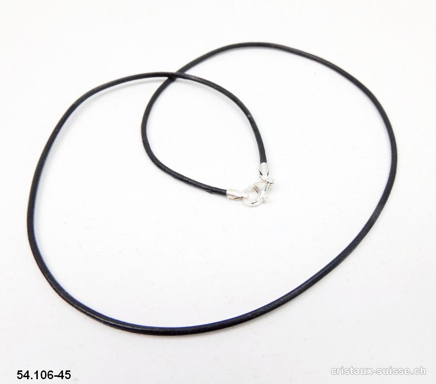 Collier cuir noir / fermoir argent 925. L. 45 cm