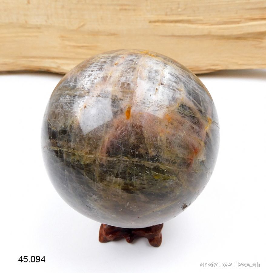 Boule Pierre de Lune noire de Madagascar Ø 8,5 cm. Pièce unique