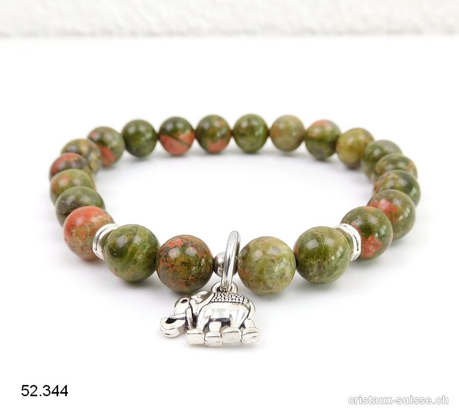 Bracelet Unakite - épidote 8,5 mm / 19 cm. AVEC ELEPHANT. Offre Spéciale