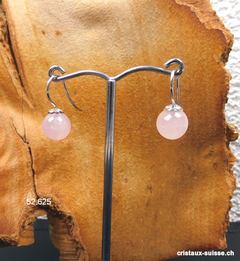 Boucles d'oreilles Quartz rose boules 10 mm en argent 925 rhodié