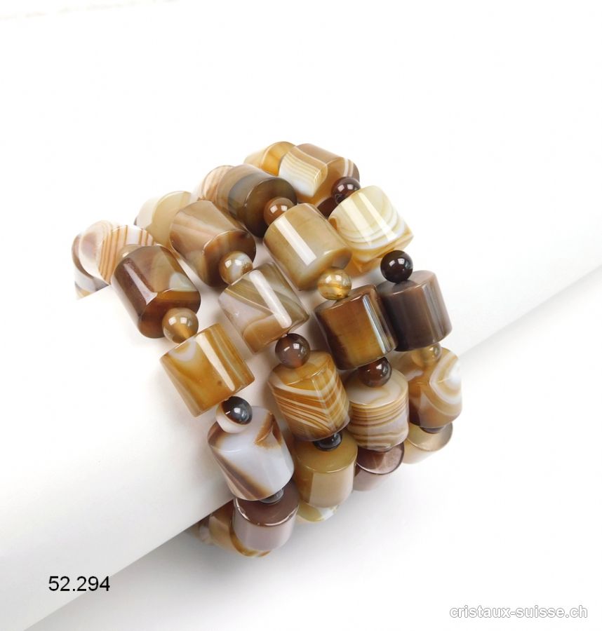 Bracelet Agate Café à bandes 12 mm, élastique 20 - 21 cm