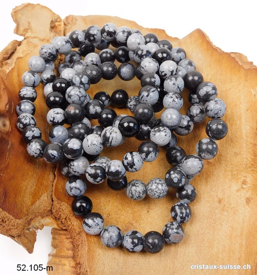 Bracelet Obsidienne Flocons de Neige 8 - 9 mm / 18 cm. Taille M