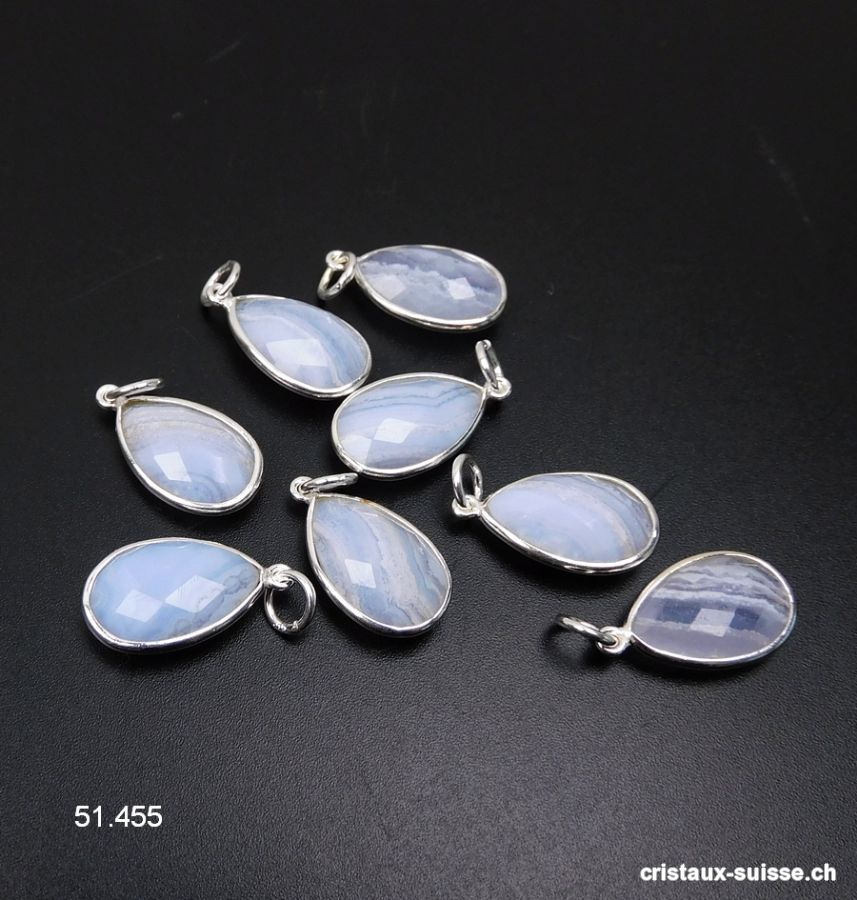 Pendentif Calcédoine bleue, goutte facettée en argent 925